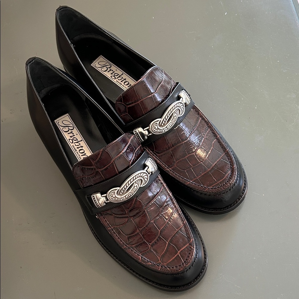 Brighton Women's Brown Croc-Embossed Leather Heels with Silver Buckle